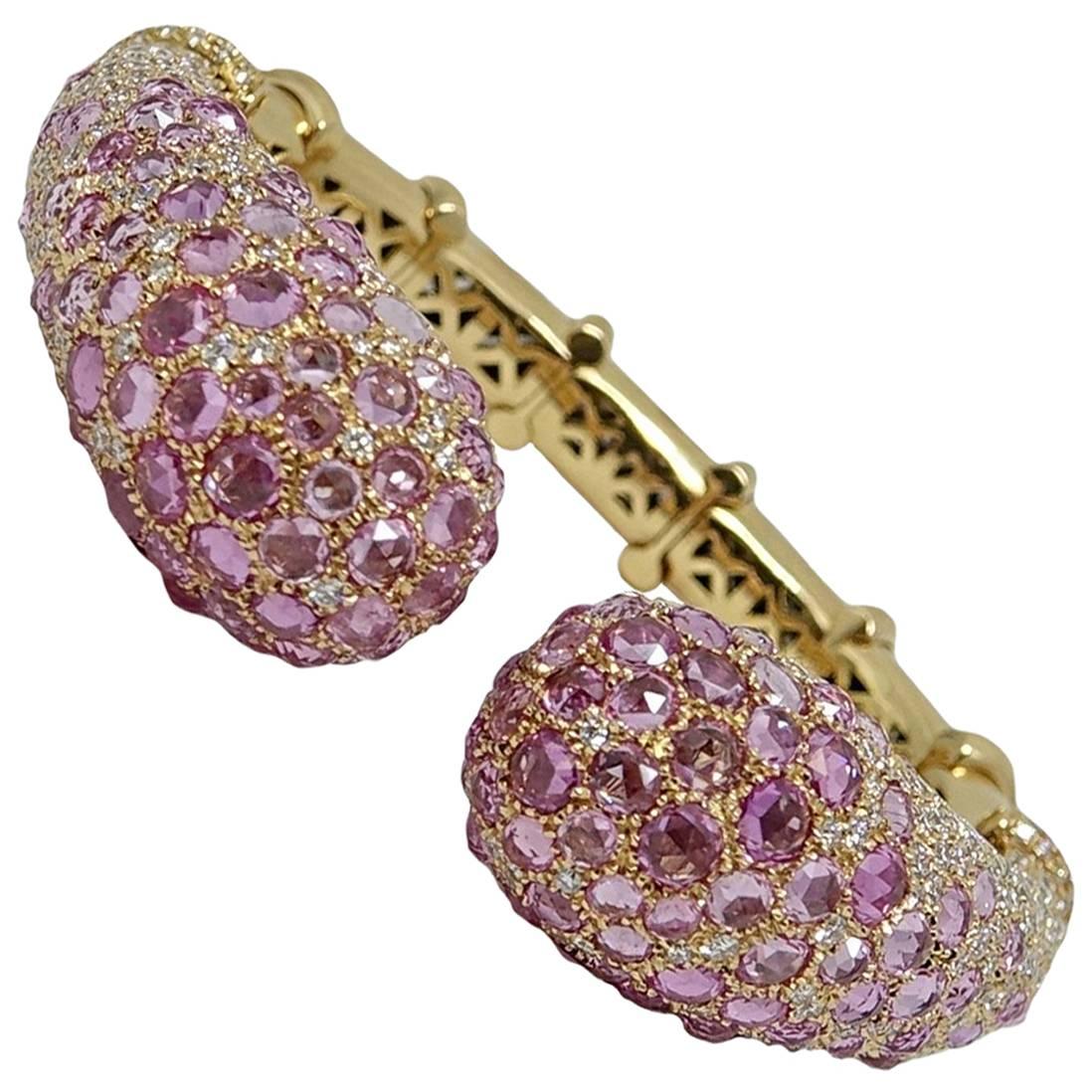 25.98 Carat Pink Sapphire and Diamond Yellow Gold Bangle For Sale