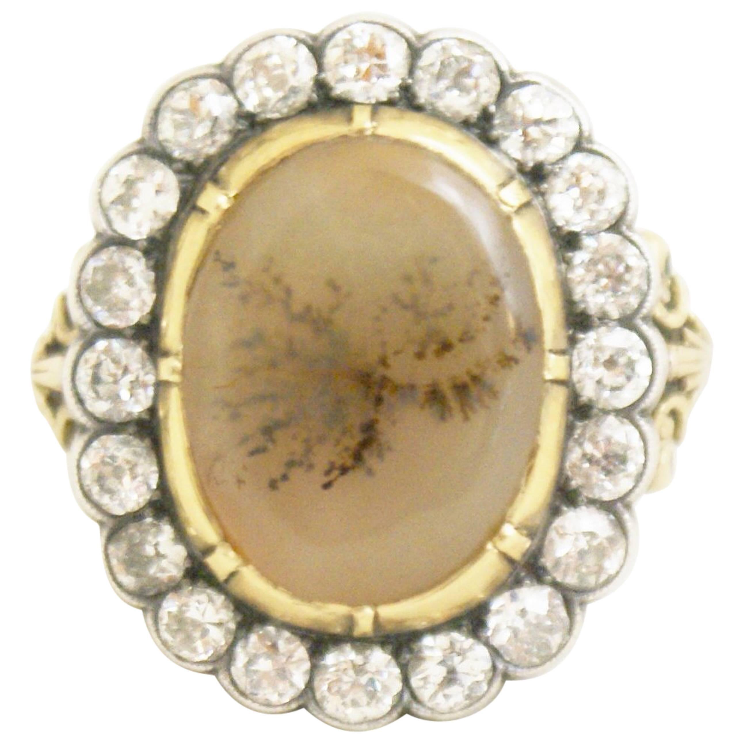 Antique Pictorial Agate and Diamond Ring For Sale