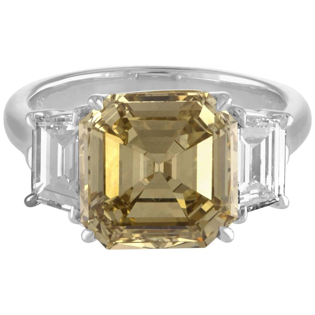 4.76 Carat Square Emerald Cut, GIA Certified, Set in Three-Stone Two-Tone Ring