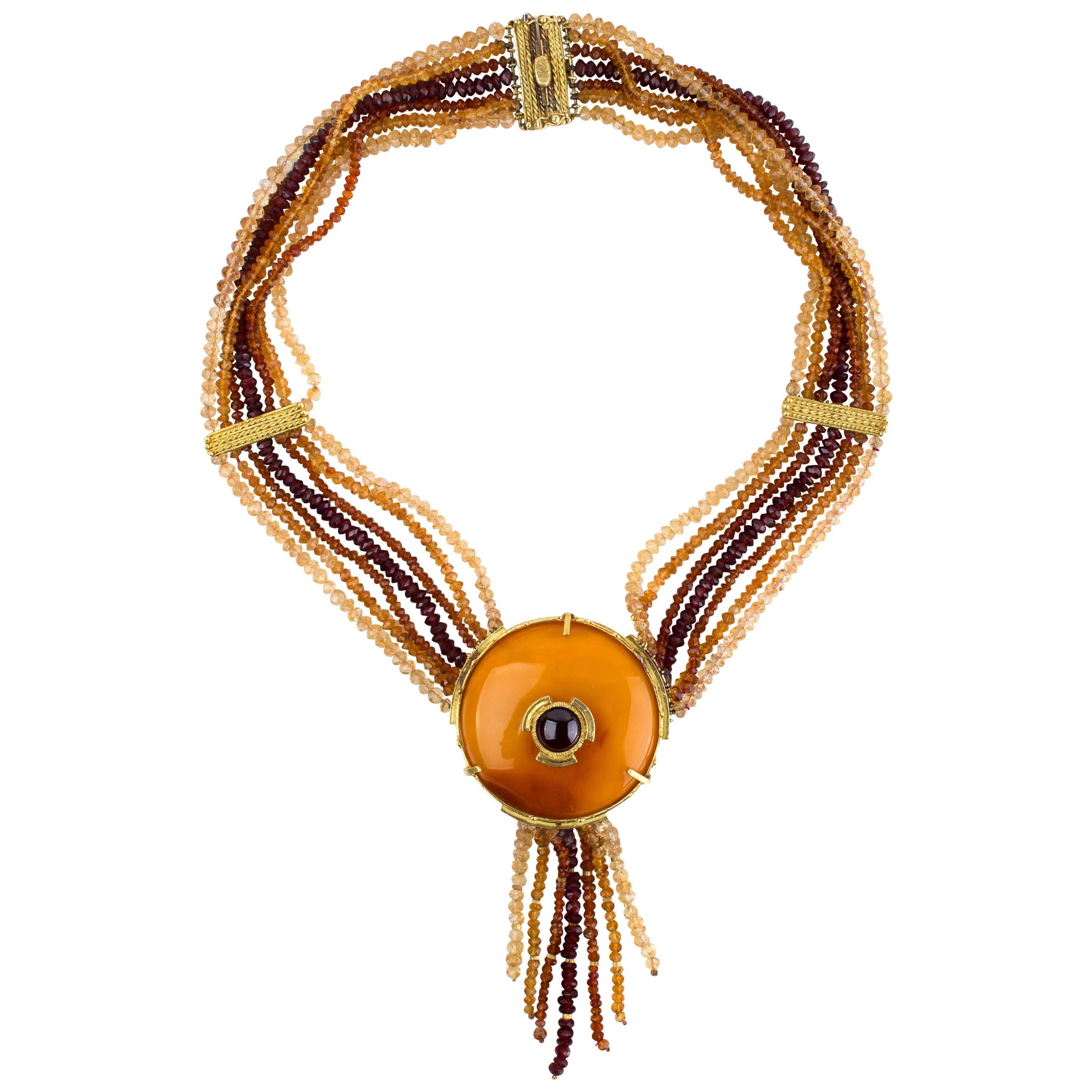 Amber Garnet and Quartz Necklace For Sale