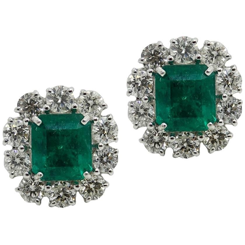 5.18 Carat Emerald and Diamond White Gold Earrings For Sale