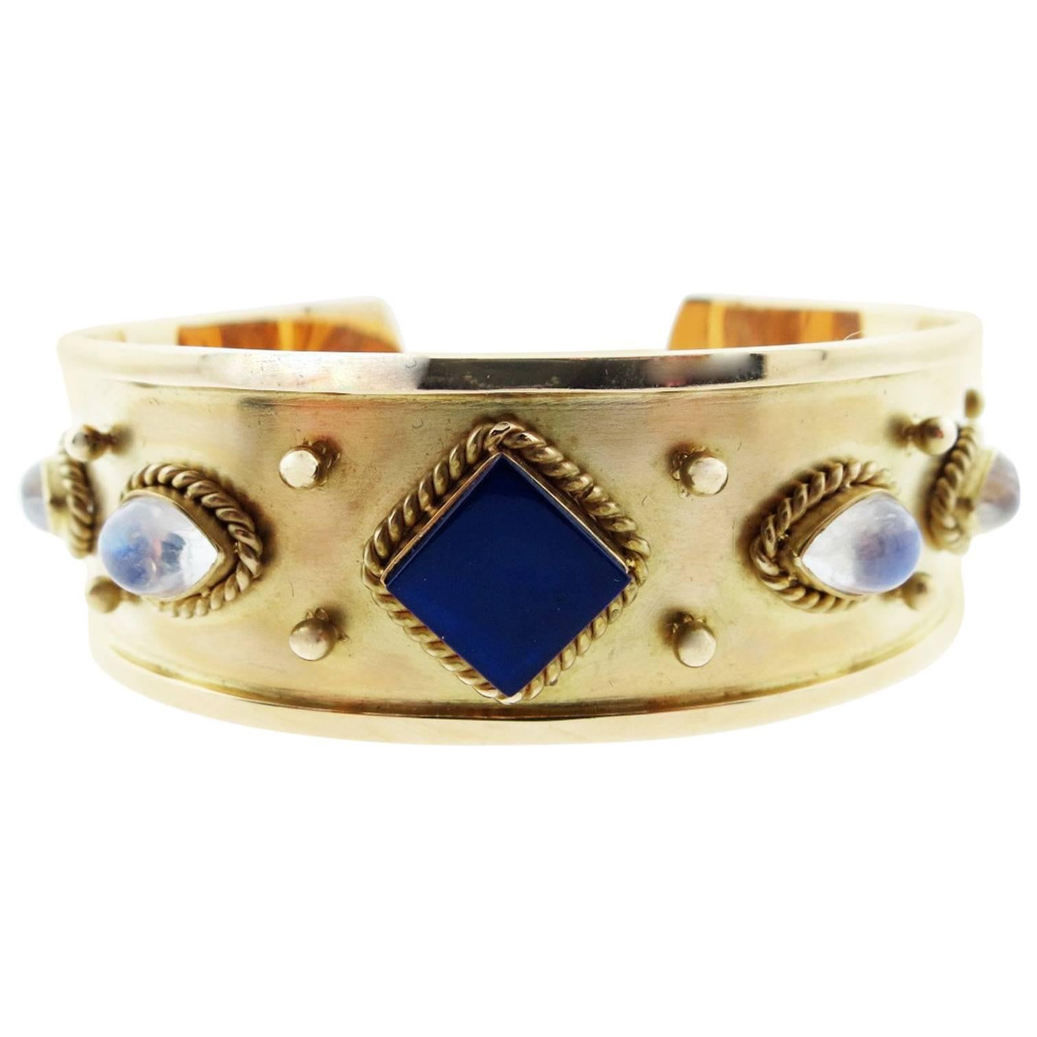 MAZ Lapis Lazuli and Moonstone Gold Cuff Bracelet For Sale
