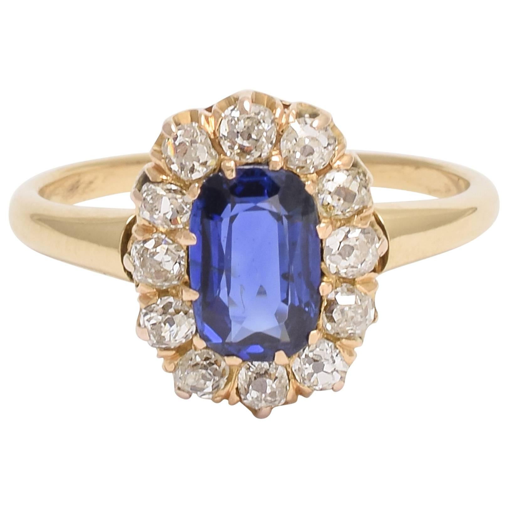 Victorian Sapphire and Old Mine Cut Diamond Oval Cluster Ring For Sale