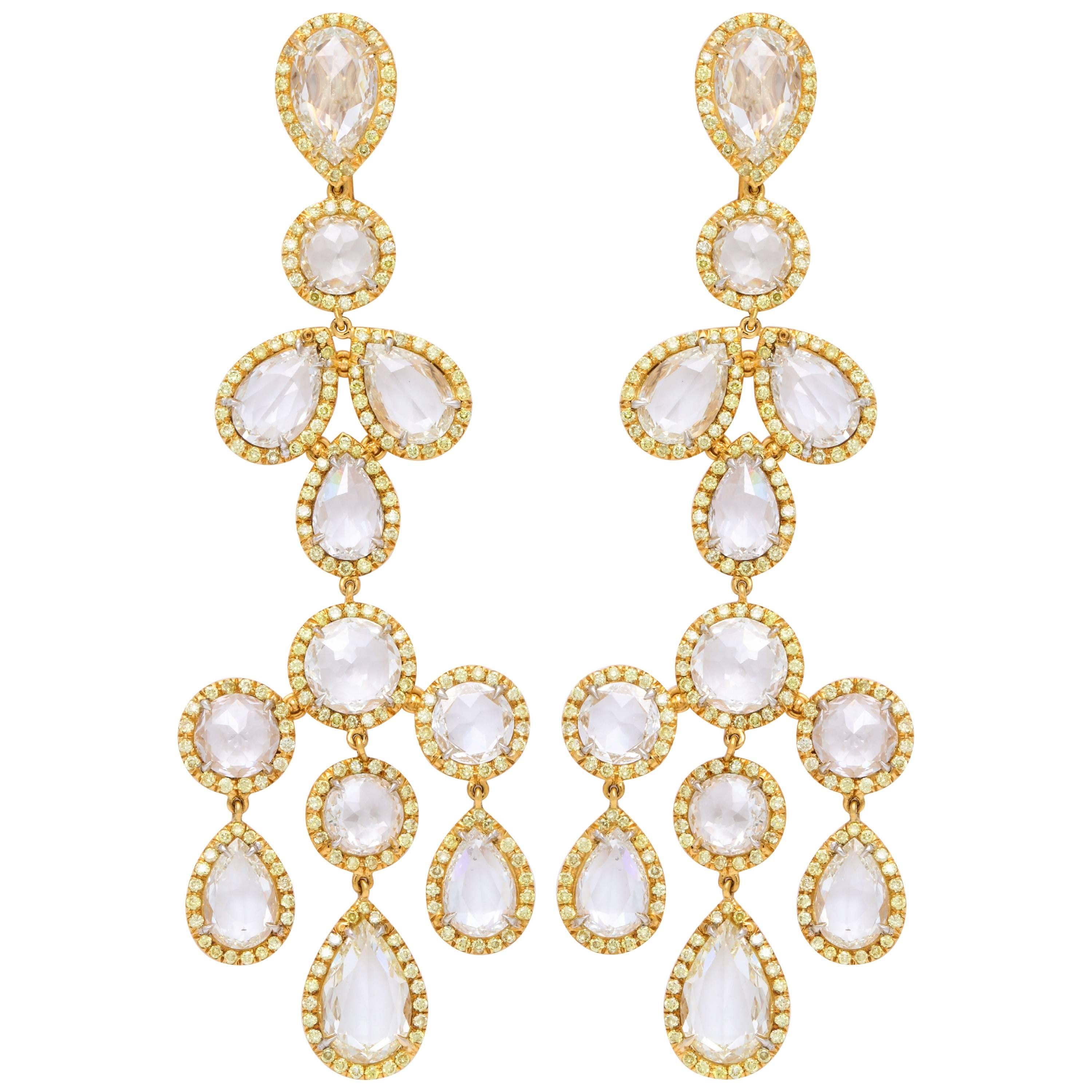 Platinum and 18 Karat Yellow Gold Diamond Chandelier Earrings For Sale
