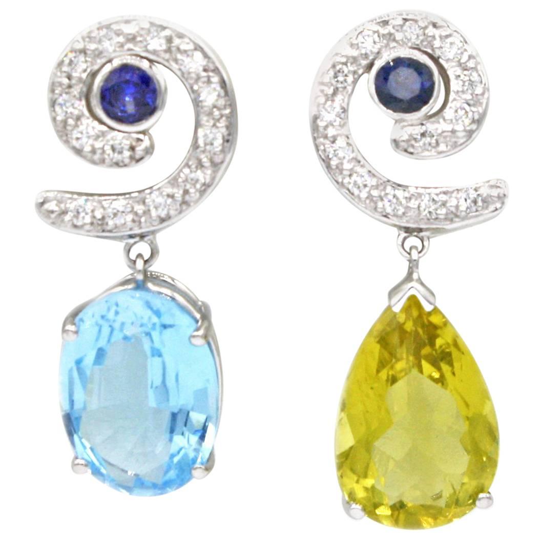 Renato Cipullo White Gold Diamond, Sapphire, Topaz and Beryl Drop Earrings For Sale