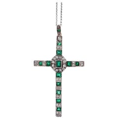 Antique Edwardian Platinum and Gold Emerald and Diamond Cross on Platinum Chain