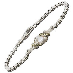 Used Lagos Yellow Gold and Sterling Silver Luna Diamond Pearl Twist Bracelet