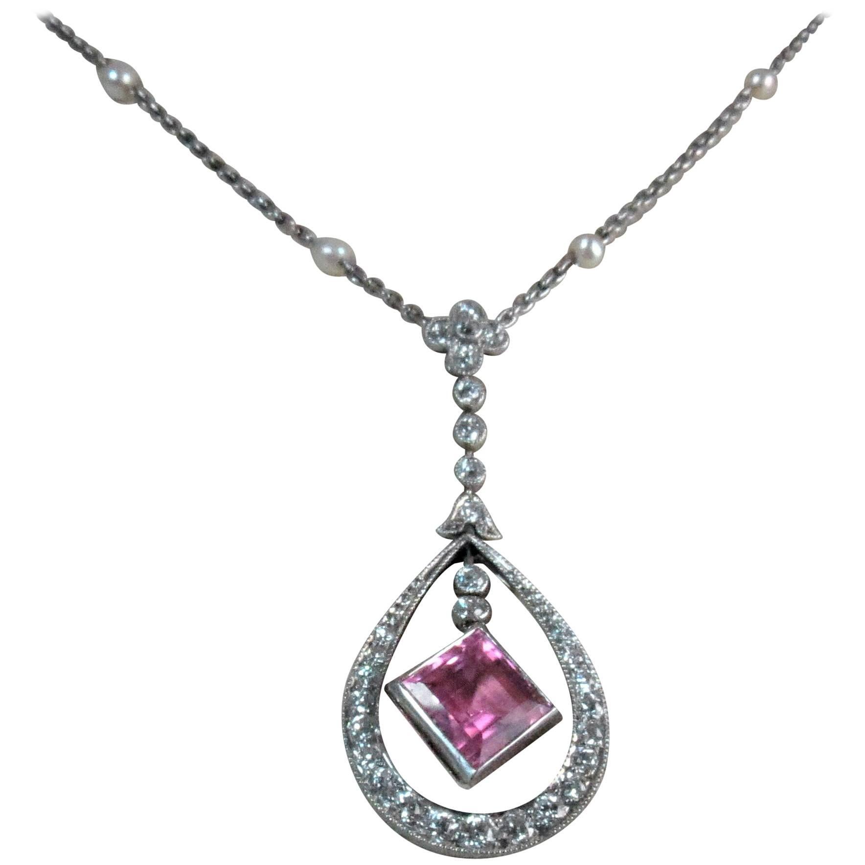 18 Karat Gold Diamond and Pink Tourmaline Pendant Suspended from Pearl Chain