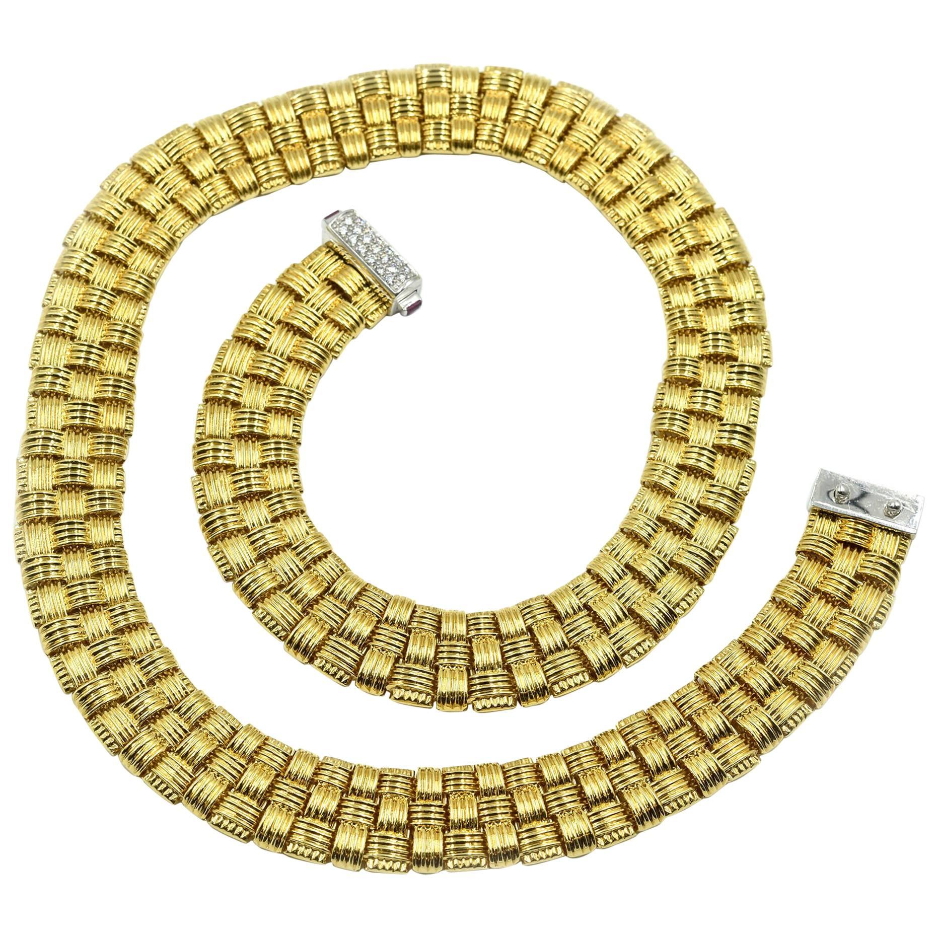 Roberto Coin Three-Row Diamond 18 Karat Yellow Gold Collar Necklace