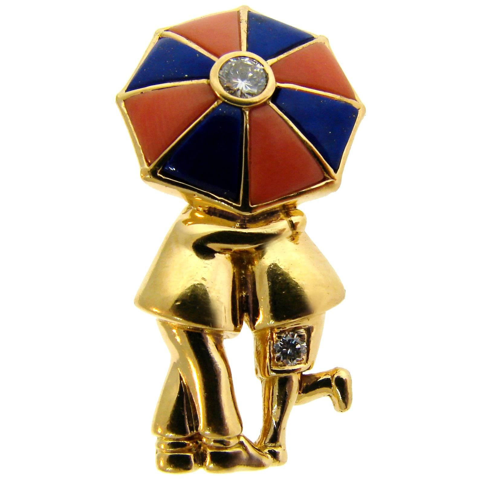 Van Cleef & Arpels Yellow Gold Brooch Pin Clip with Lapis Coral Diamond VCA 1950