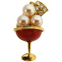 Van Cleef & Arpels Yellow Gold Brooch Pin Clip with Pearl Coral Diamond VCA 1950