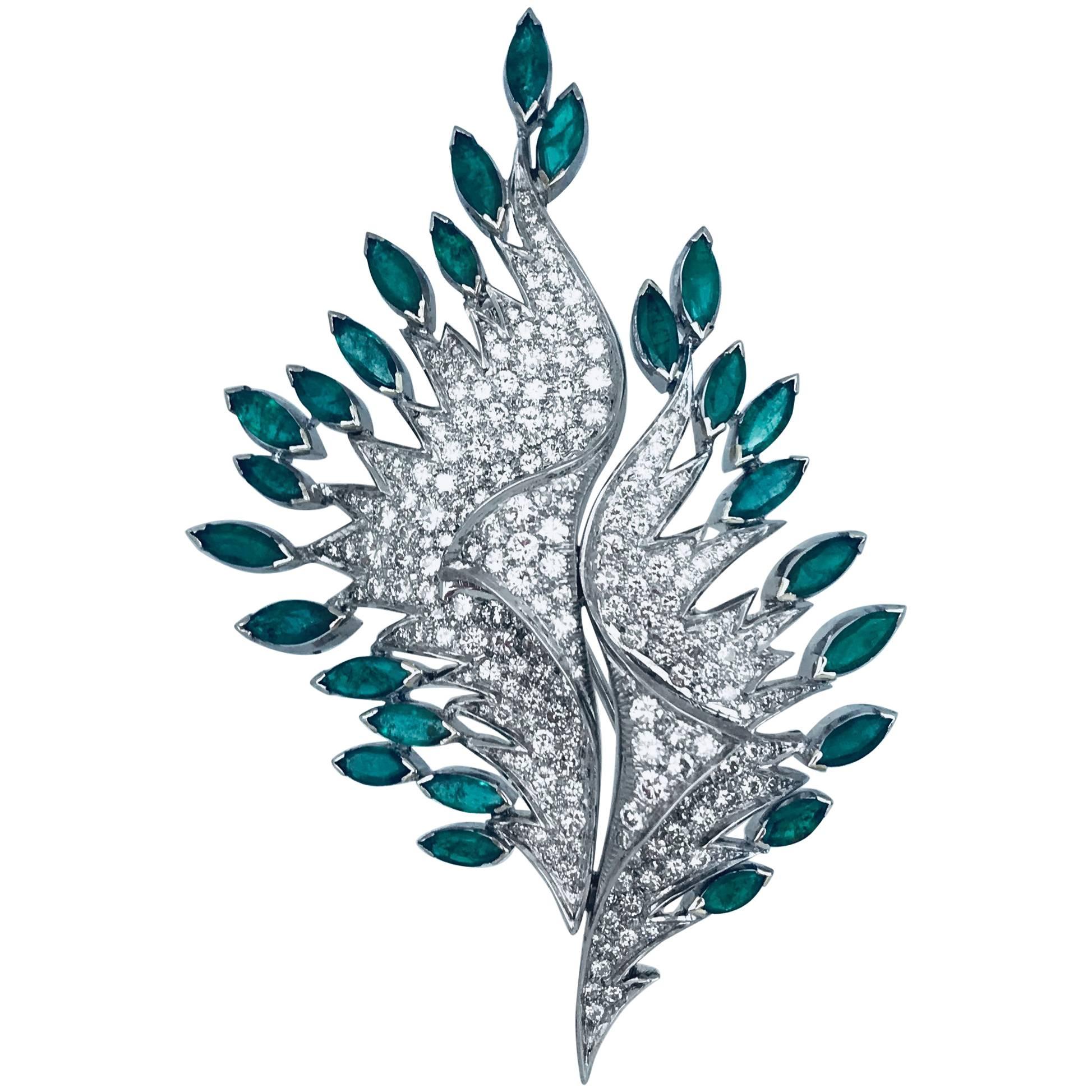 8 Carat Diamond Platinum Feather Pin with 8.80 Carat Emeralds