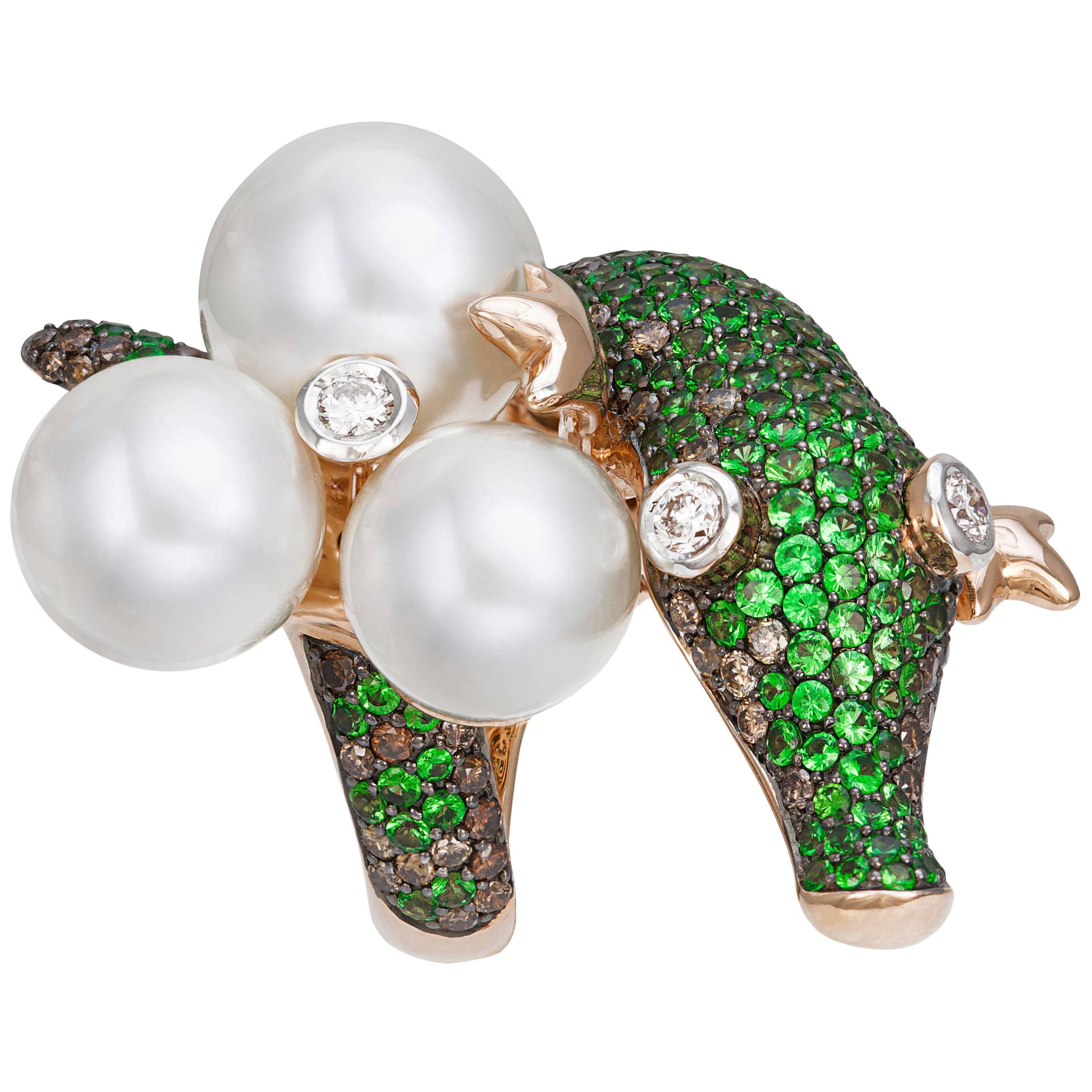 South Sea Pearl, Green Tsavorite, Diamond Gold Crocodile Animal Cocktail Ring For Sale