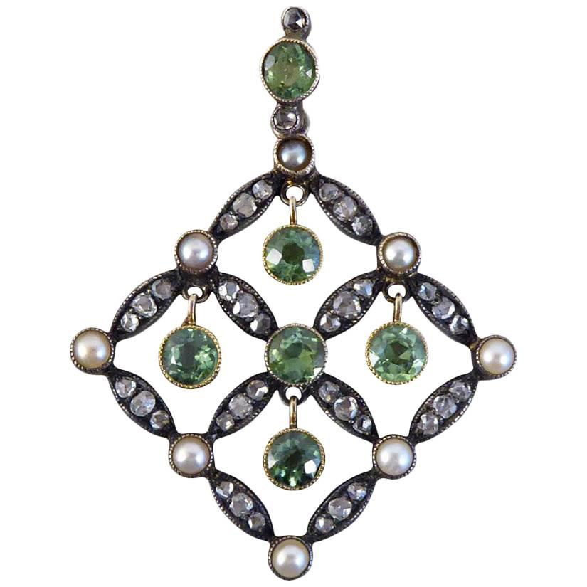 Antique Edwardian Peridot, Diamond and Cultured Pearl Drop Pendant
