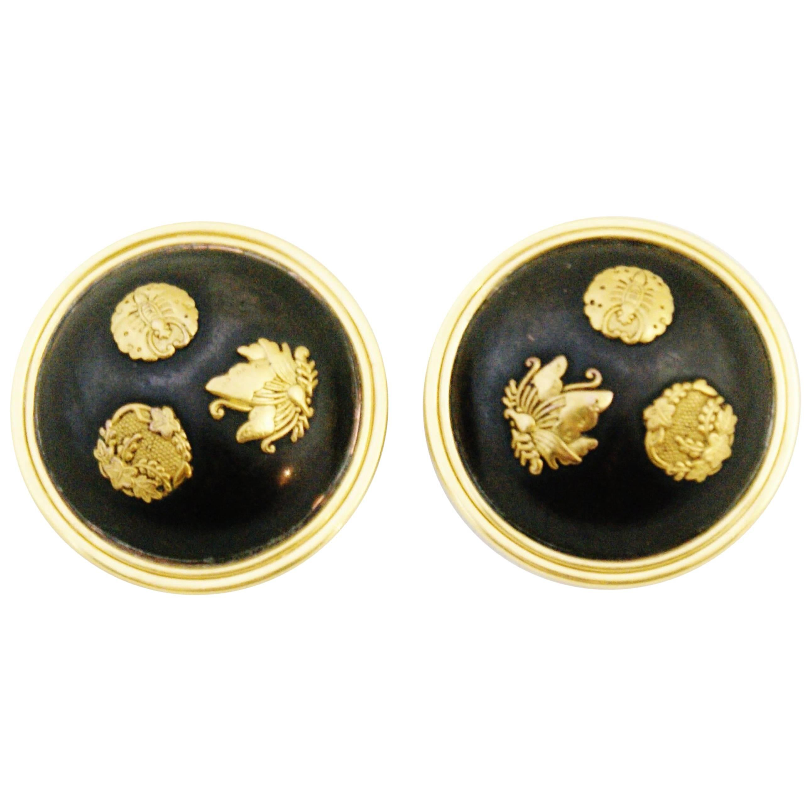Victorian circa 1880 Shakudo Butterfly Clip-On Earrings For Sale