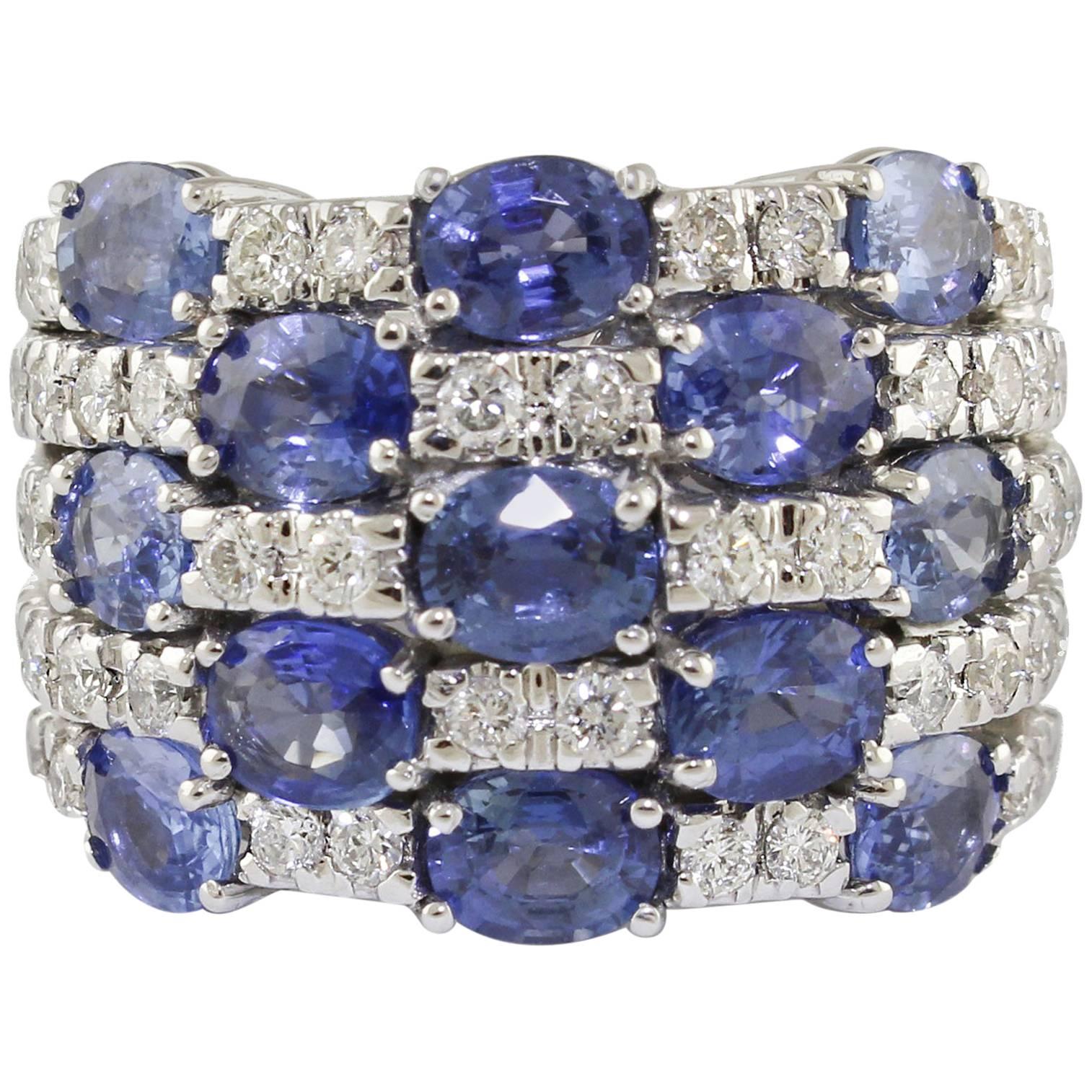  Diamond Sapphire White Gold Checkerboard  Ring