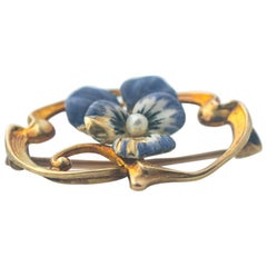 1950s Pearl, Purple Floral Enamel 14 Karat Yellow Gold Convertible Pin Pendant