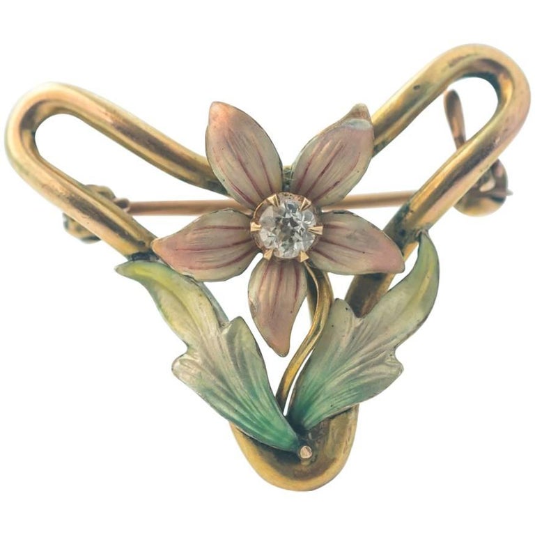 Pink Convertable Pin 1950s Diamond, Enamel Pink Floral 14 Karat Yellow Gold Convertible Pin ...
