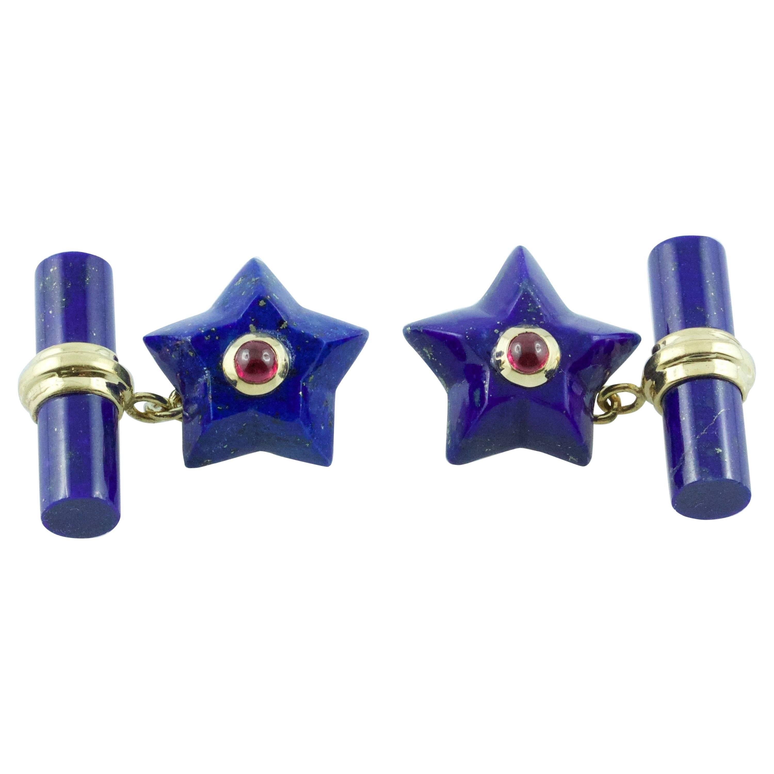 Gold Star Cufflinks Lapis Lazuli and Ruby