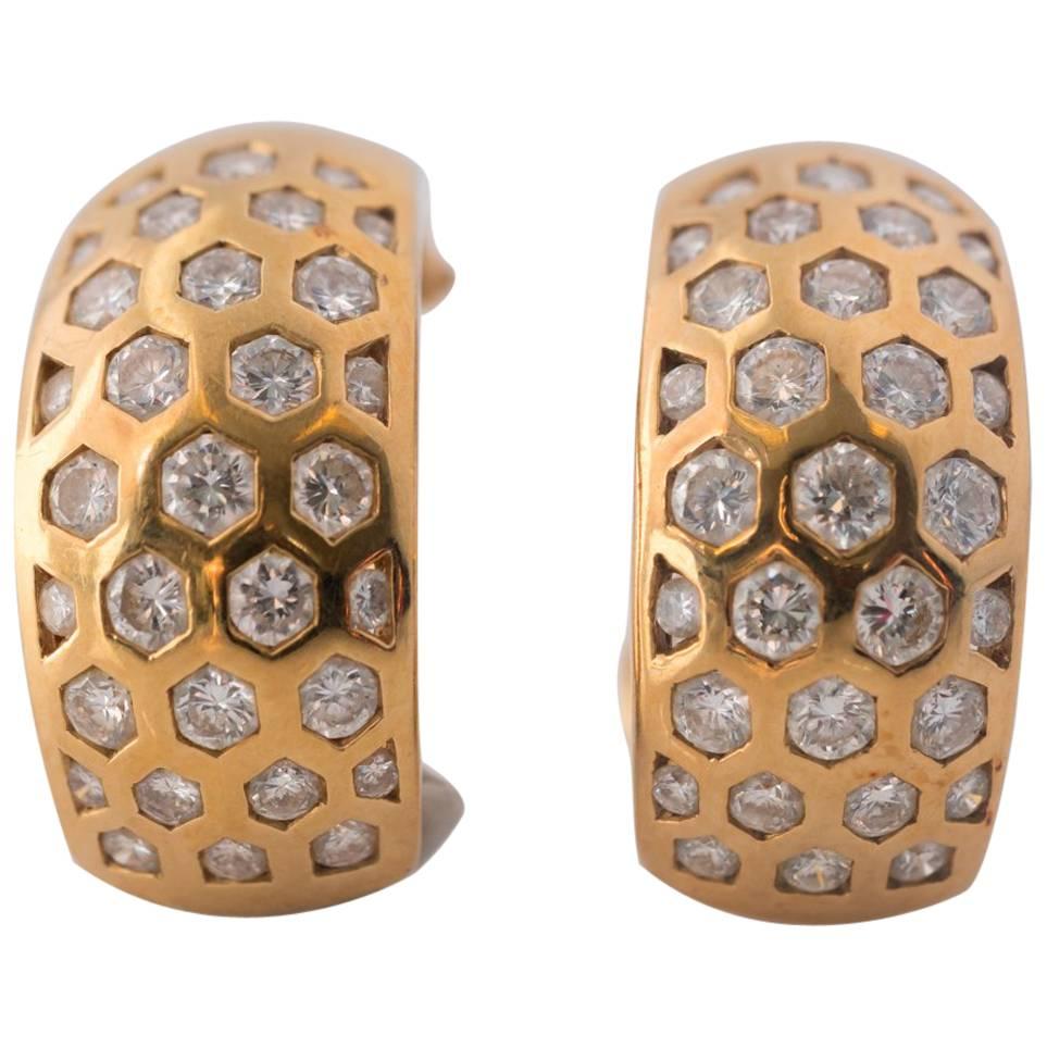 1 Carat Diamond and 18 Karat Yellow Gold Honeycomb Earrings