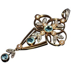 Edwardian Pendant Set with Diamonds, Aquamarines and Seed Pearls