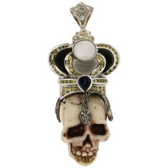 Coral Skull 18 Carat White Gold Diamonds Yellow Sapphires Pendant