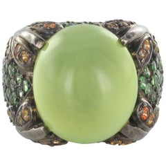 New 21.25 Carat Prehnite Sapphire Tsavorite Garnet Silver Cocktail Dome Ring