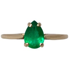 Vivid Green 0.56 Carat Colombian Emerald Pear Teardrop Cut Gold Solitaire Ring
