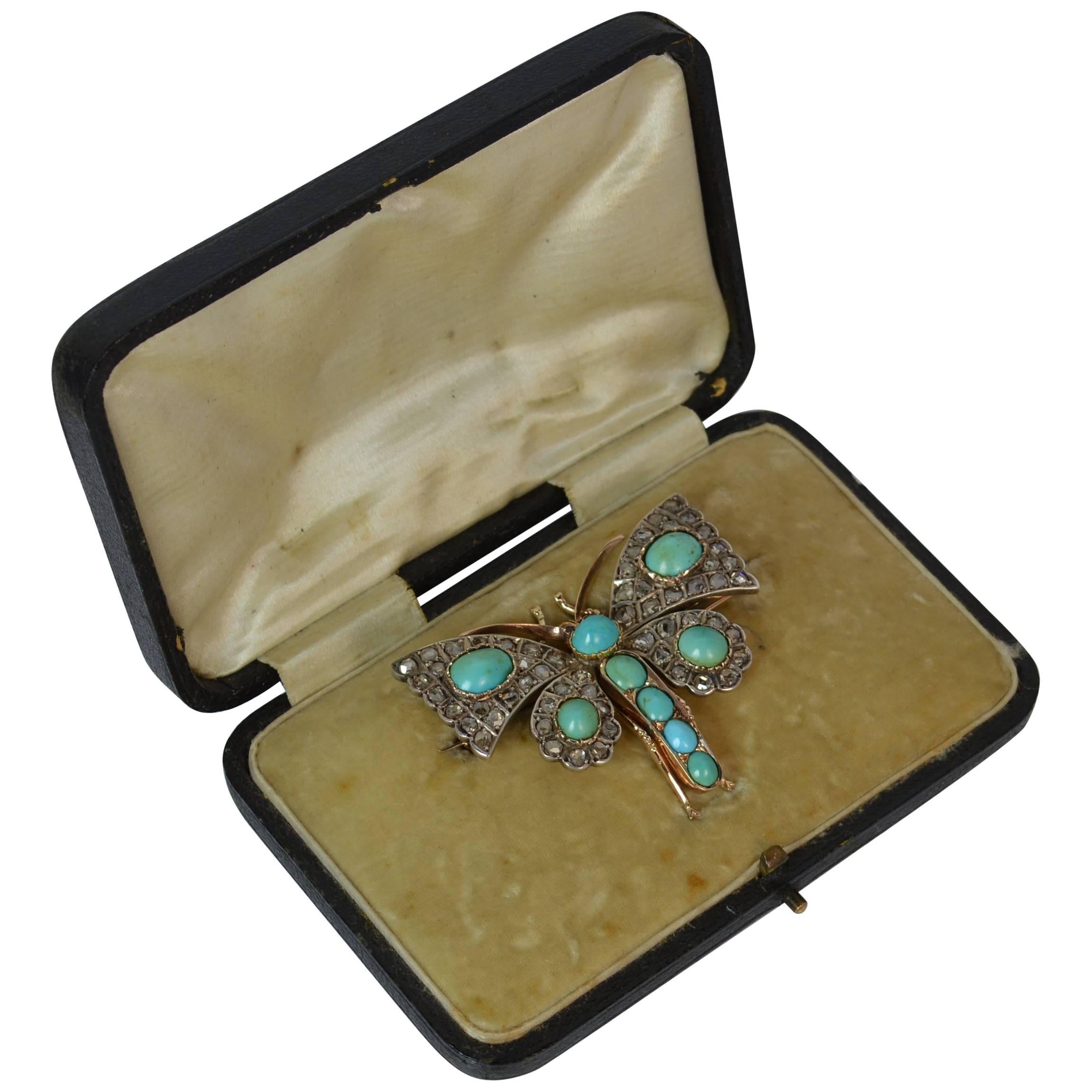Victorian Rose Cut Diamond and Turquoise 15 Carat Gold Butterfly Brooch
