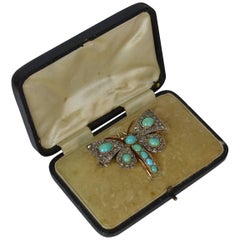 Victorian Rose Cut Diamond and Turquoise 15 Carat Gold Butterfly Brooch