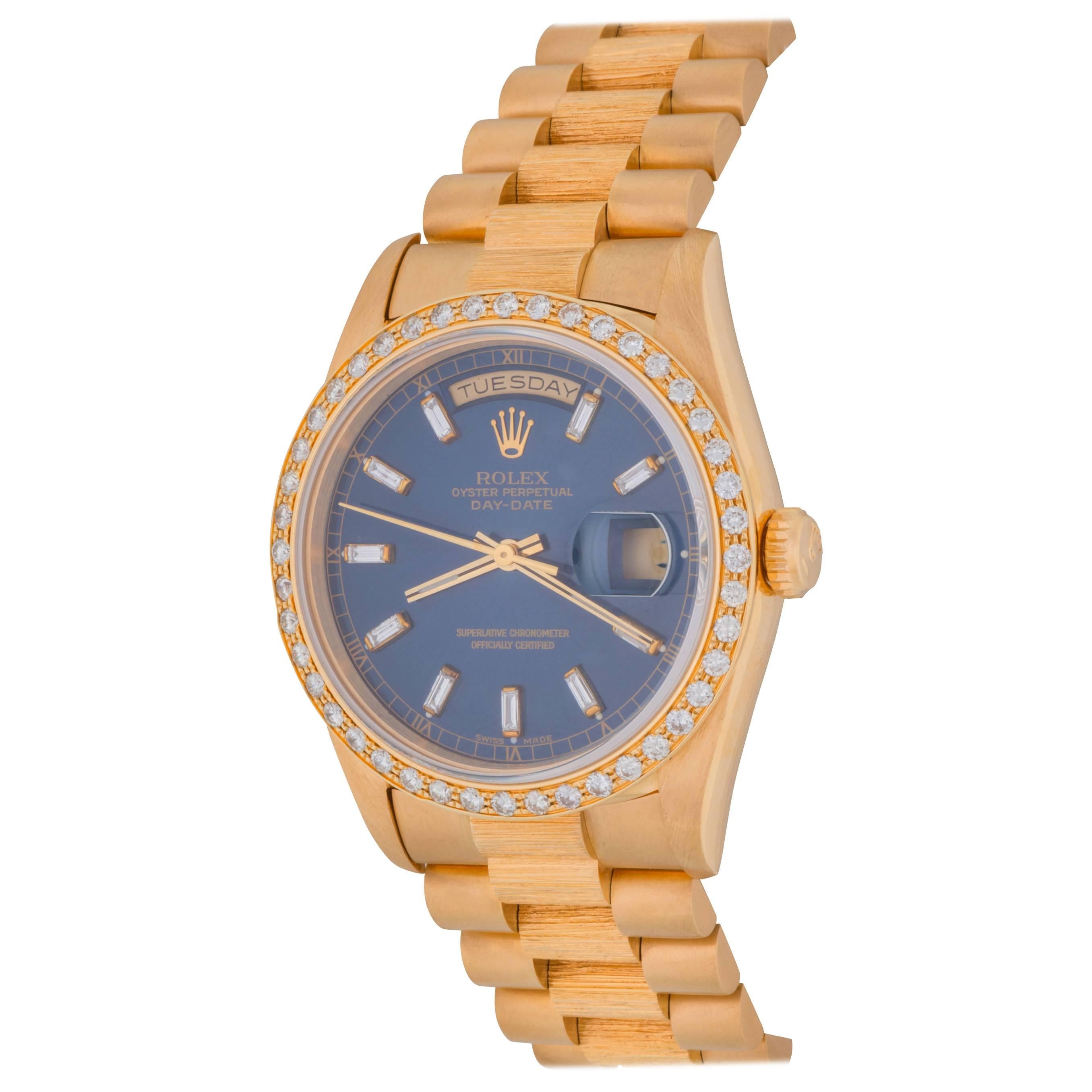 Rolex Yellow Gold Diamond President Day-Date Blue Dial Wristwatch Ref 18248