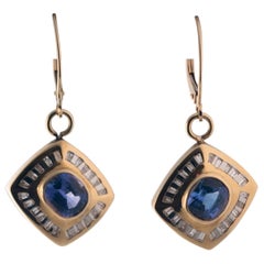 1960s Violet Blue Tanzanite, Diamond and 14 Karat Yellow Gold Drop Earrings