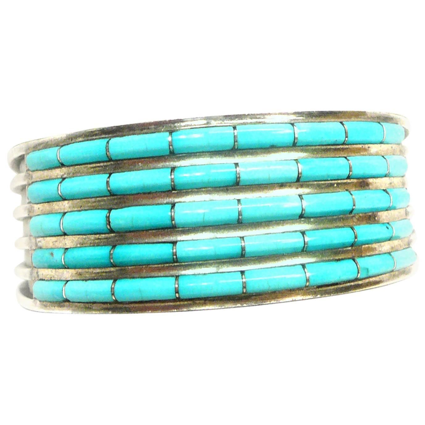 Zuni Native American Signed ALW Silver and Turquoise Cuff Bracelet For Sale