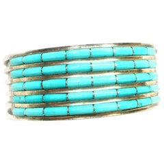 Retro Zuni Native American Signed ALW Silver and Turquoise Cuff Bracelet
