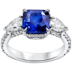 GIA Certified Natural Blue Sapphire Diamond Three-Stone Engagement Ring