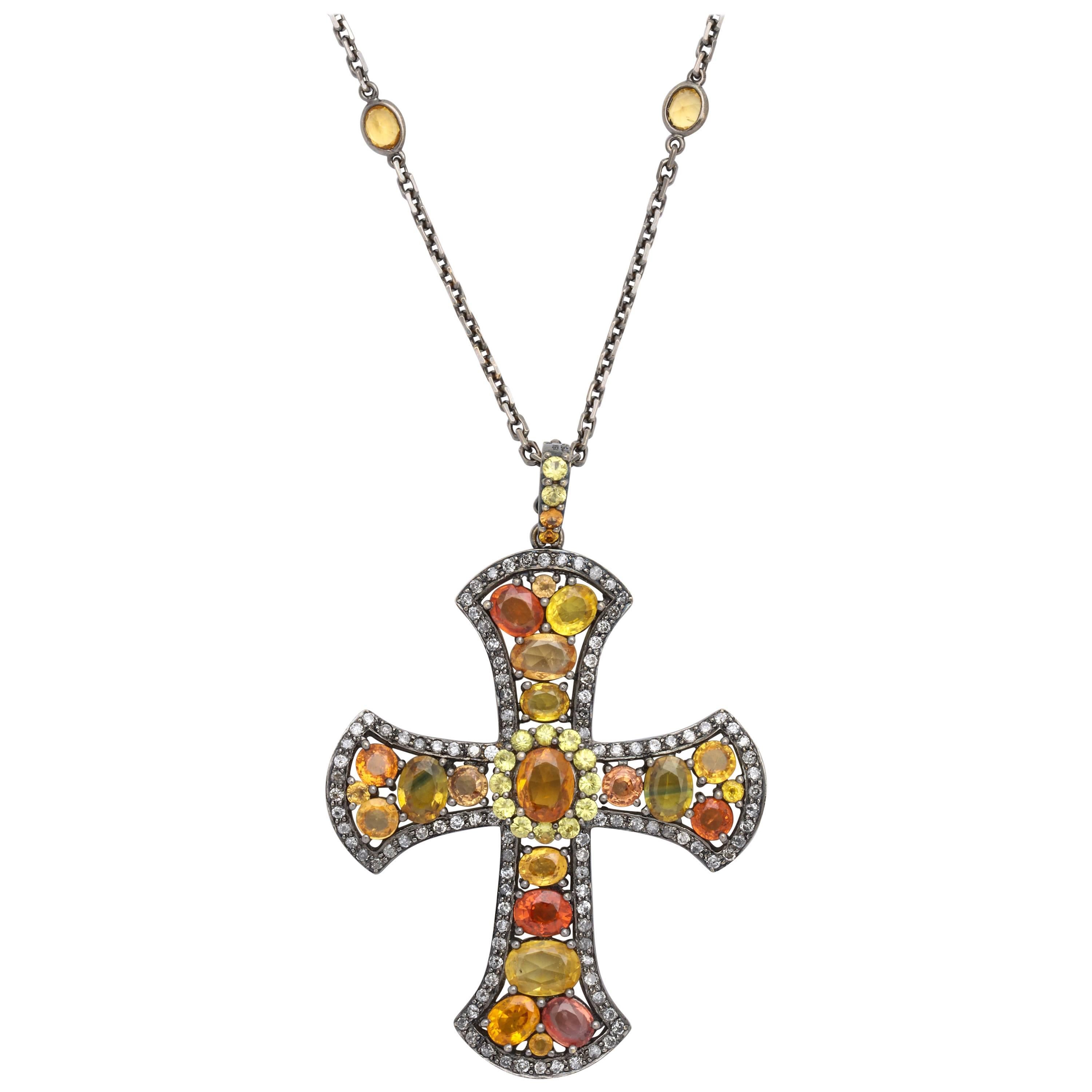 White Gold and Multi-Color Orange Sapphire Stylized Gothic Cross Pendant For Sale