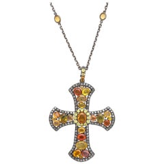 White Gold and Multi-Color Orange Sapphire Stylized Gothic Cross Pendant