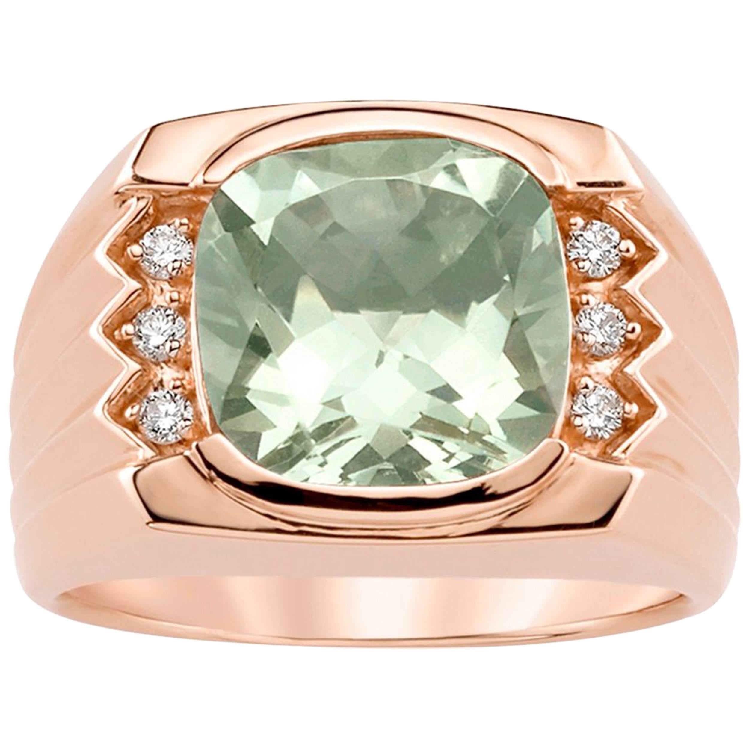 Cushion Green Amethyst Diamond Men's Ring