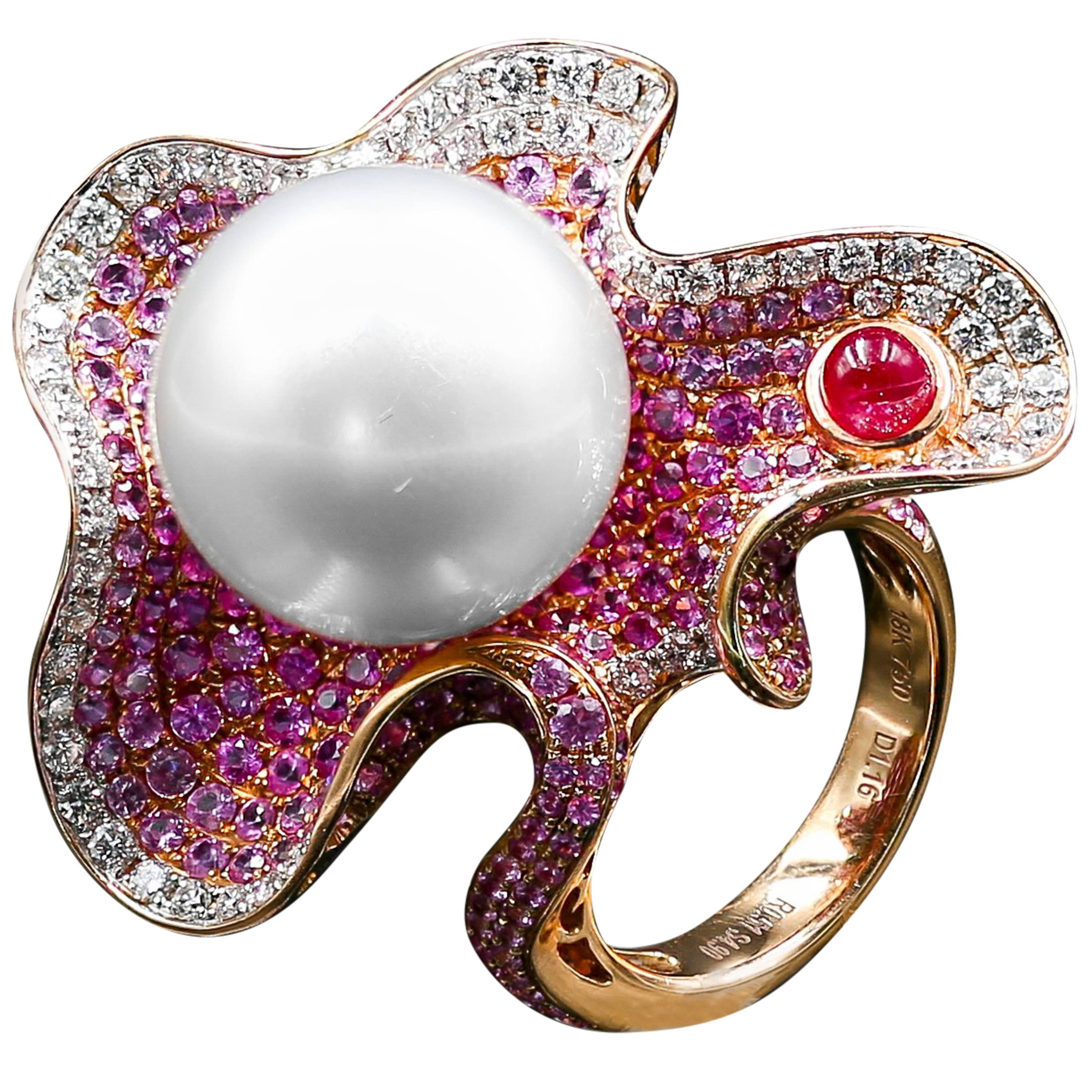 South Sea Pearl, Diamond, Sapphire, and Rubelite 18 Karat Gold Cocktail Ring For Sale