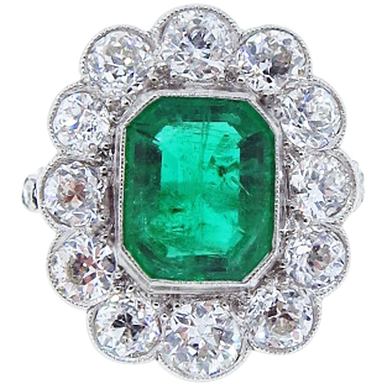 Edwardian Emerald Diamond Platinum Ring For Sale