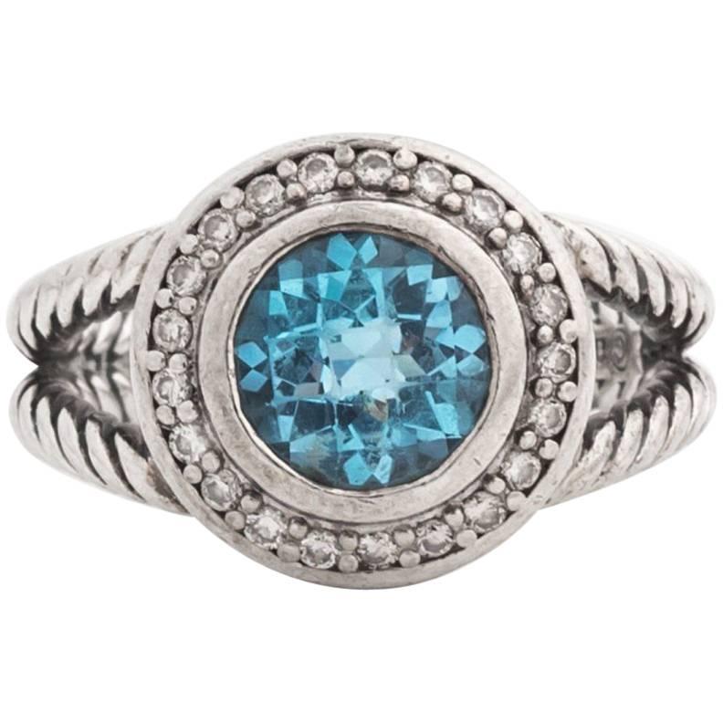 David Yurman Blue Topaz, Diamonds and Sterling Silver Cerise Halo Ring