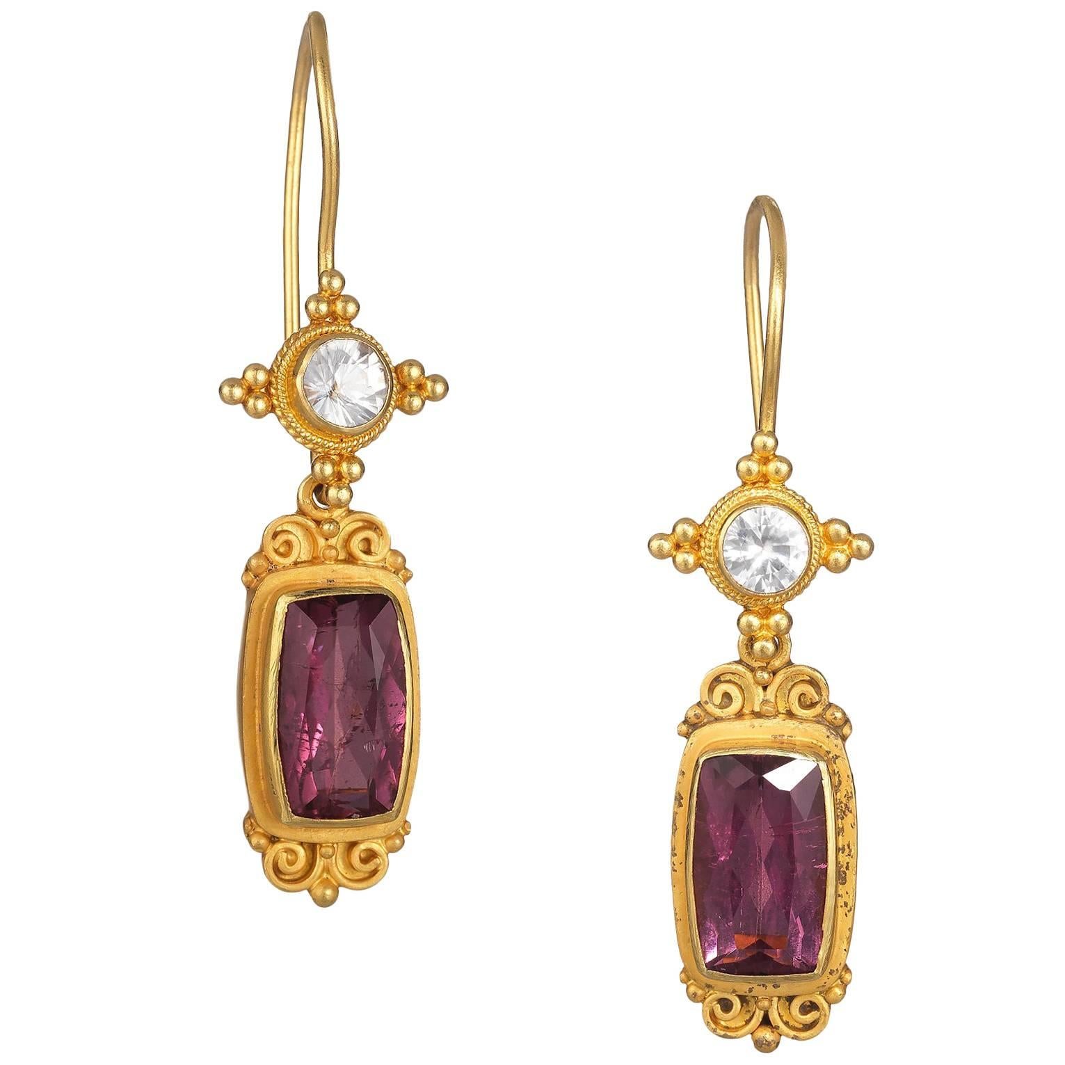 Kimarie White Sapphire and Pink Tourmaline and Gold Earrings