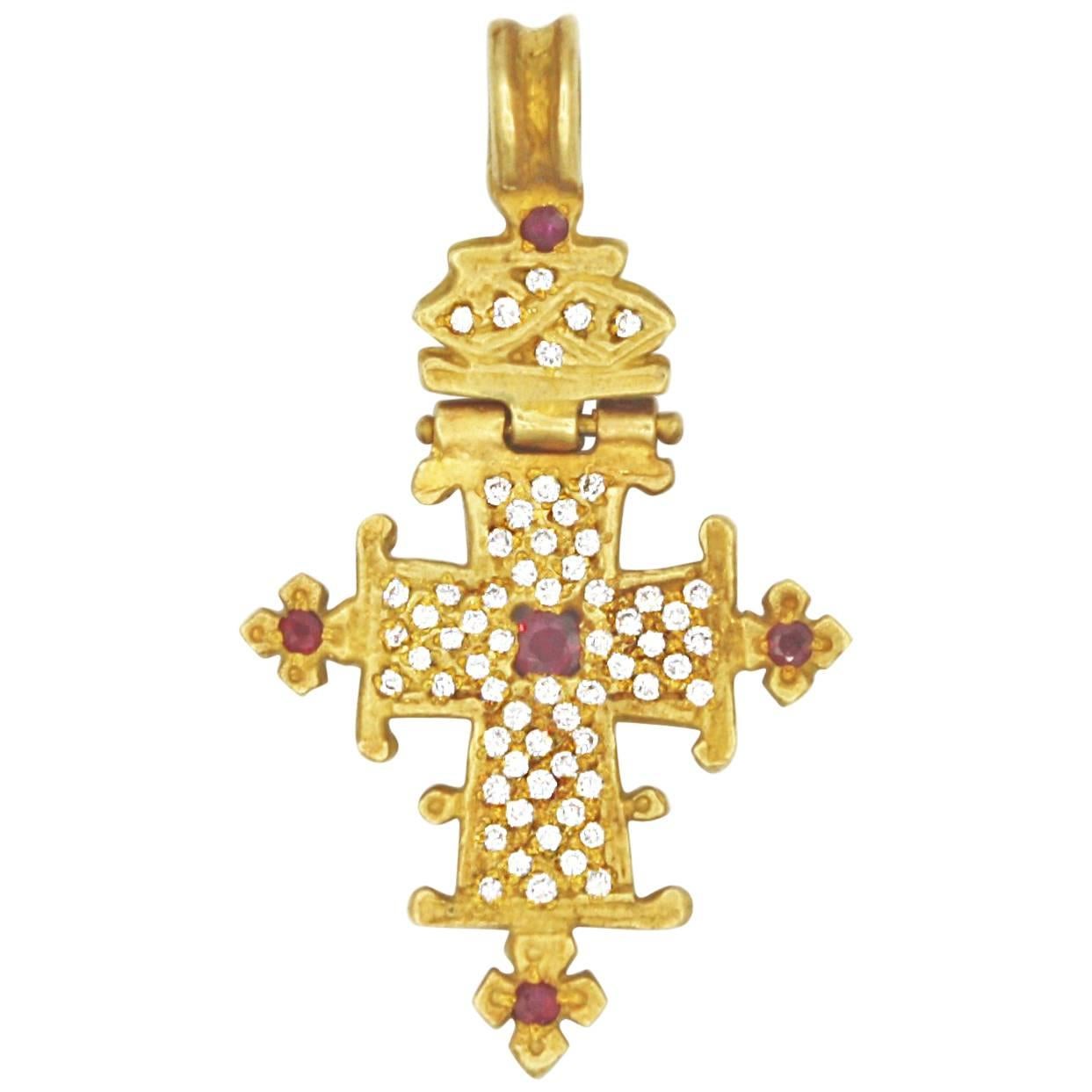 Diamond and Ruby Coptic Cross For Sale