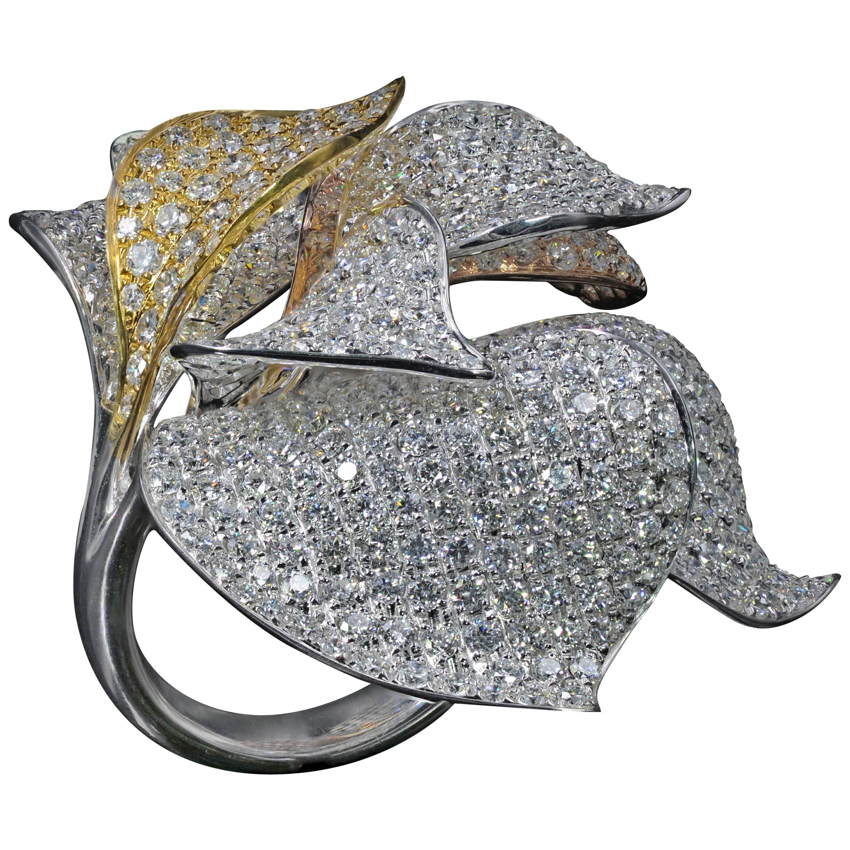 Tri-Color 18 Karat Gold Flower Petal Diamond Ring with 8.24 Carat of Diamonds For Sale