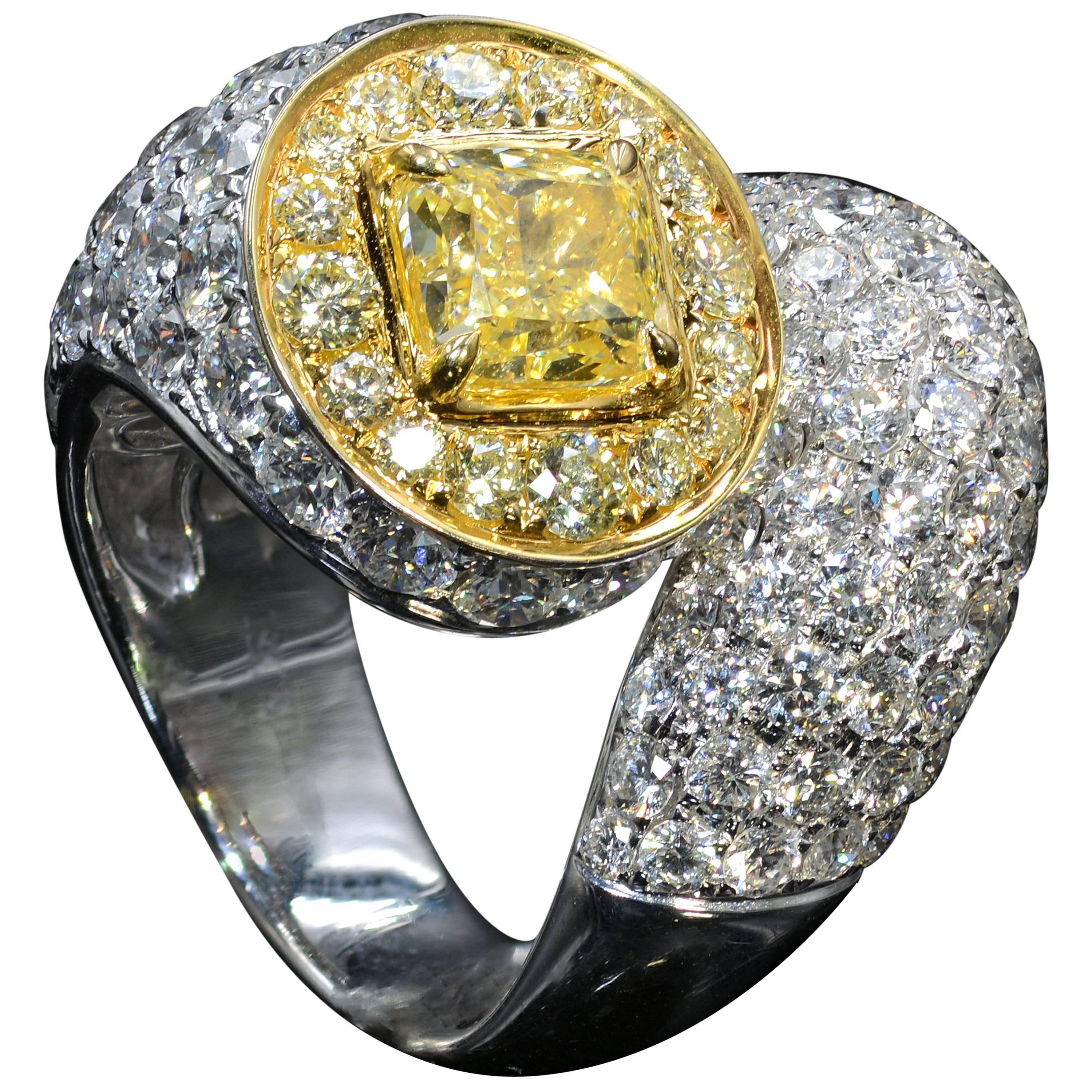 GIA Certified 2.00 Carat Cushion Cut VS Fancy Yellow Diamond Cocktail Ring For Sale