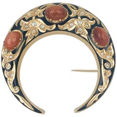 Antique Georgian Cresent Pin, Old Mine Diamonds and Brown 18 Karat Gold and Enamel