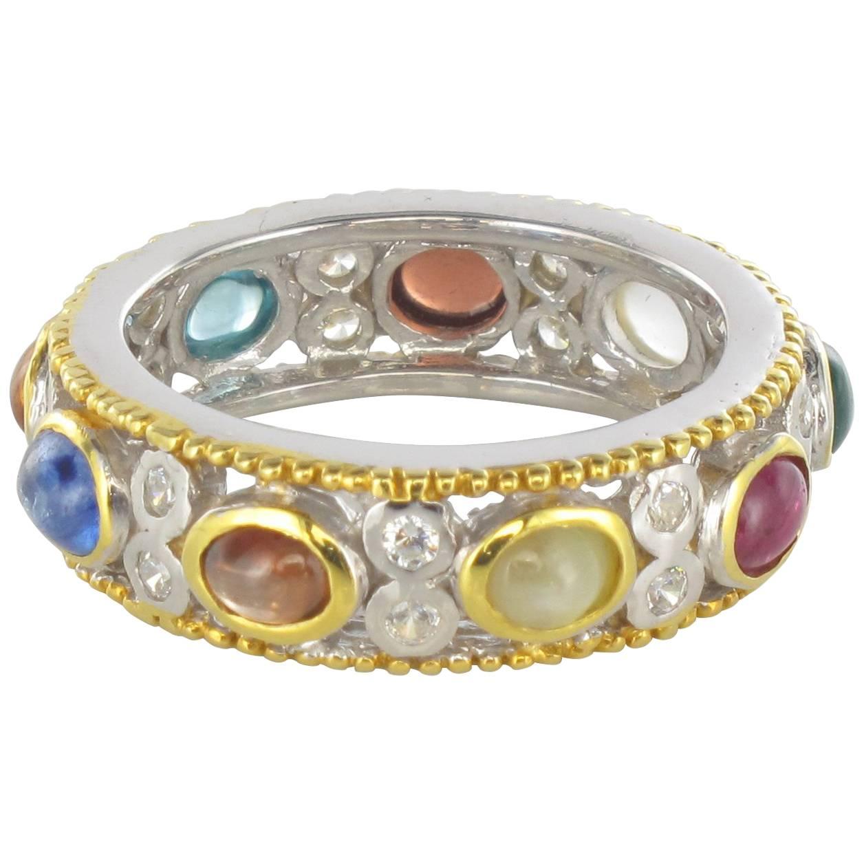 New White Brown Zircon Sapphire Ruby Agate Silver Band Ring