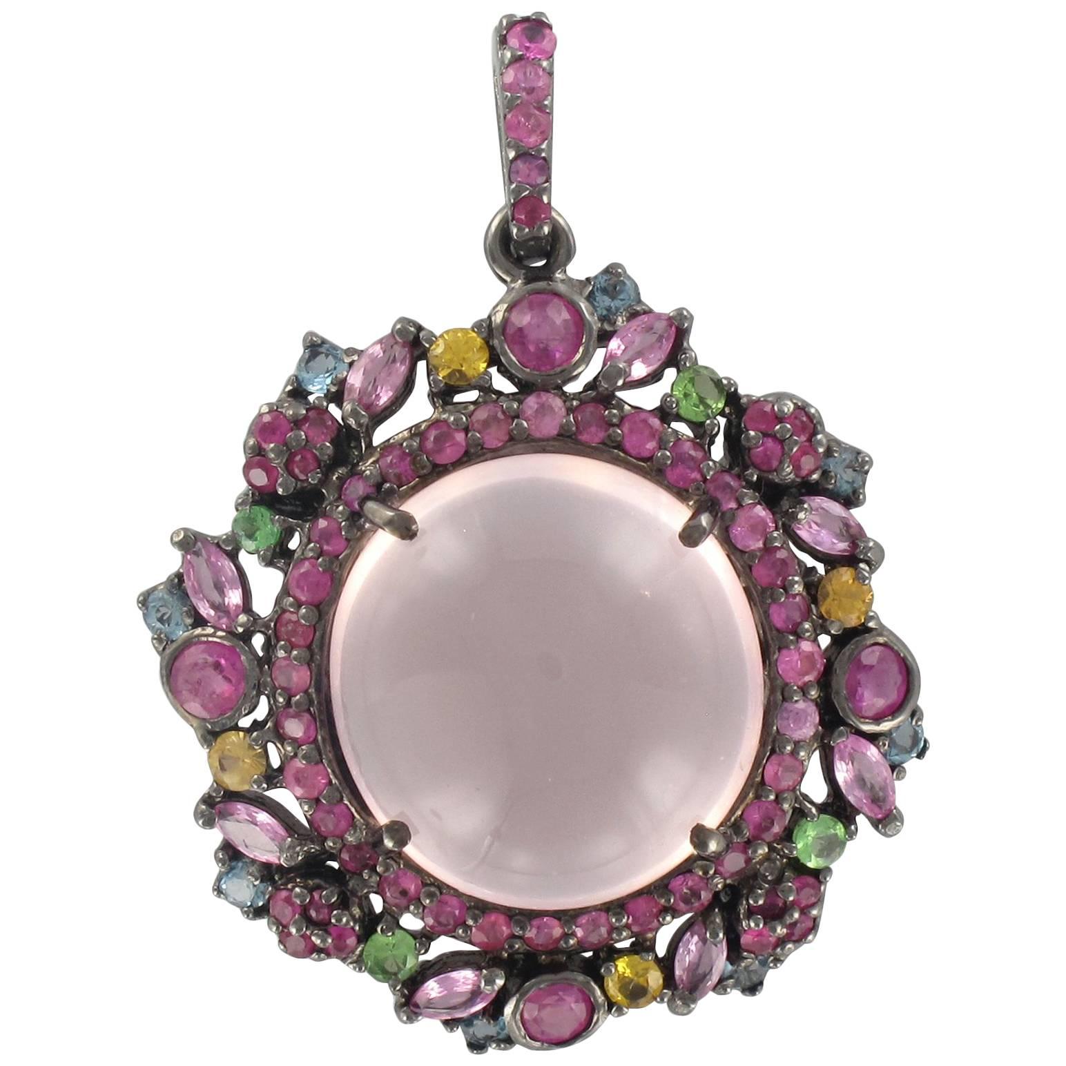New Pink Quartz Pink Yellow Sapphires Topaz Garnets Silver Pendant Necklace