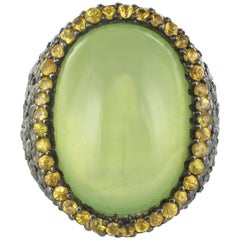 New 32.8 Carat Prehnite 5.75 Yellow Green Sapphire Silver Dome Cocktail Ring