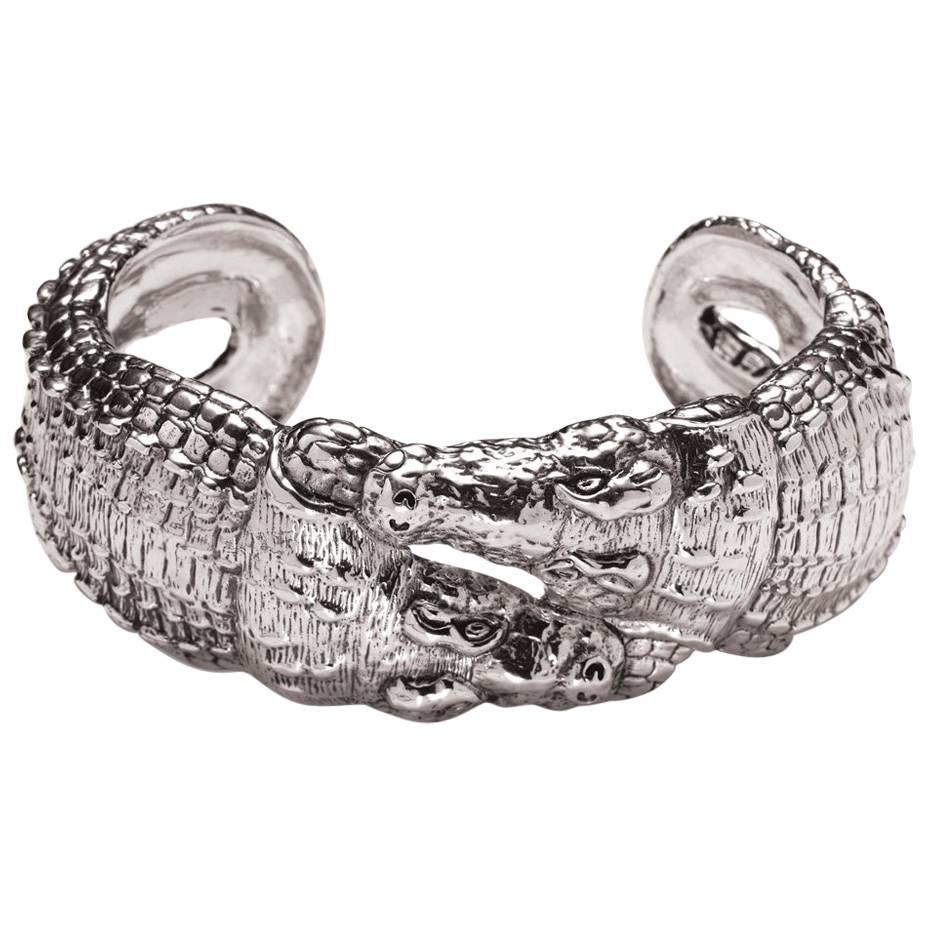 Crocodile Cuff Sterling Silver Bangle Bracelet  For Sale